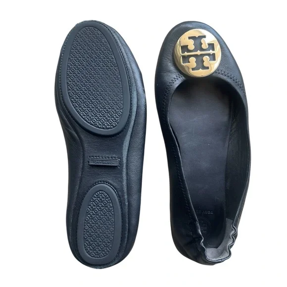Tory Burch Minnie Travel Ballet Flats Black Leather 8.5 Logo Medallion - Picture 4 of 6